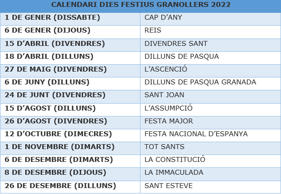 CALENDARI DIES FESTIUS DEL 2022